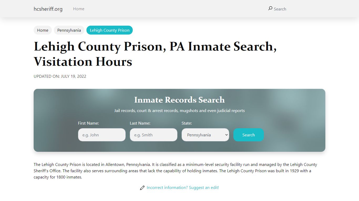 Lehigh County Prison, PA Inmate Search, Visitation Hours